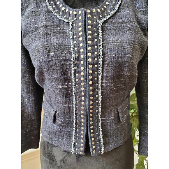 Ann Taylor Loft Women's Blue Cotton Long Sleeve Casual Crome Studded Blazer 4 - Picture 10 of 12